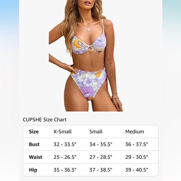 NWT Cupshe size Medium Lavender Floral High Waist Bikini Set Cheeky Underwire - Picture 7 of 7